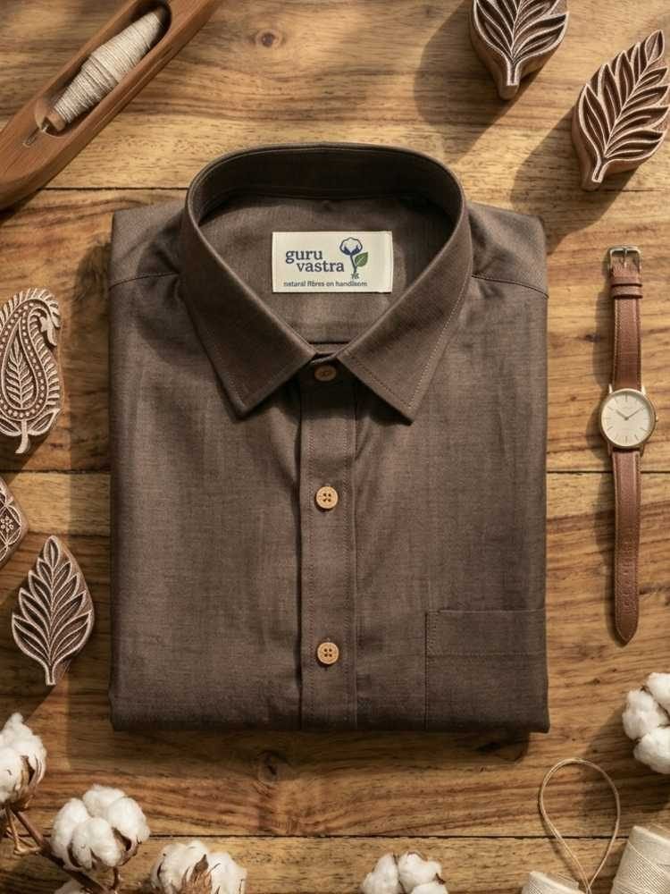 Evergreen – Earth Bark | Dark chocolate brown | Shine finish | CHATAAI WEAVE | Natural cotton fibers | handloom shirt
