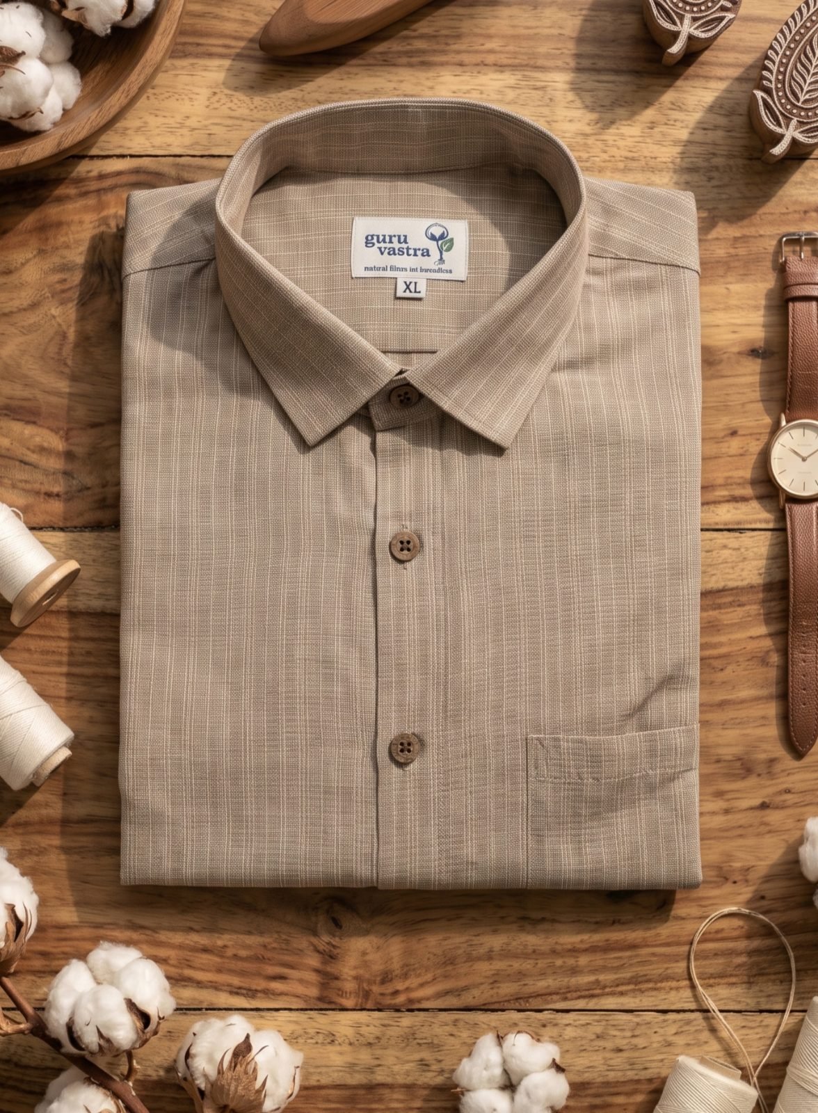 EVERGREEN-KAPAS KHET | Light Beige The Textured Handloom Shirt in Chataai weave