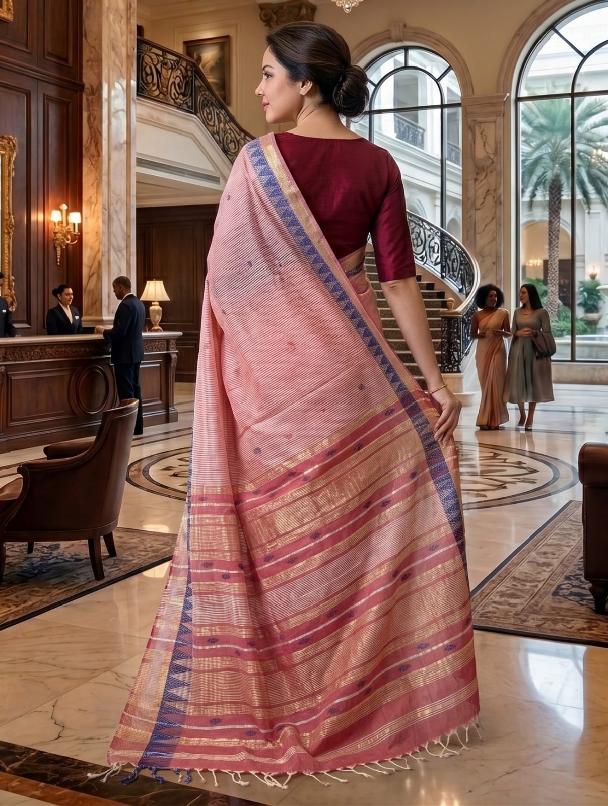 RAAGA ARUNIMA | Handwoven in Maheshwar Cotton-Linen Saree with Kamal Bootis & Temple Border
